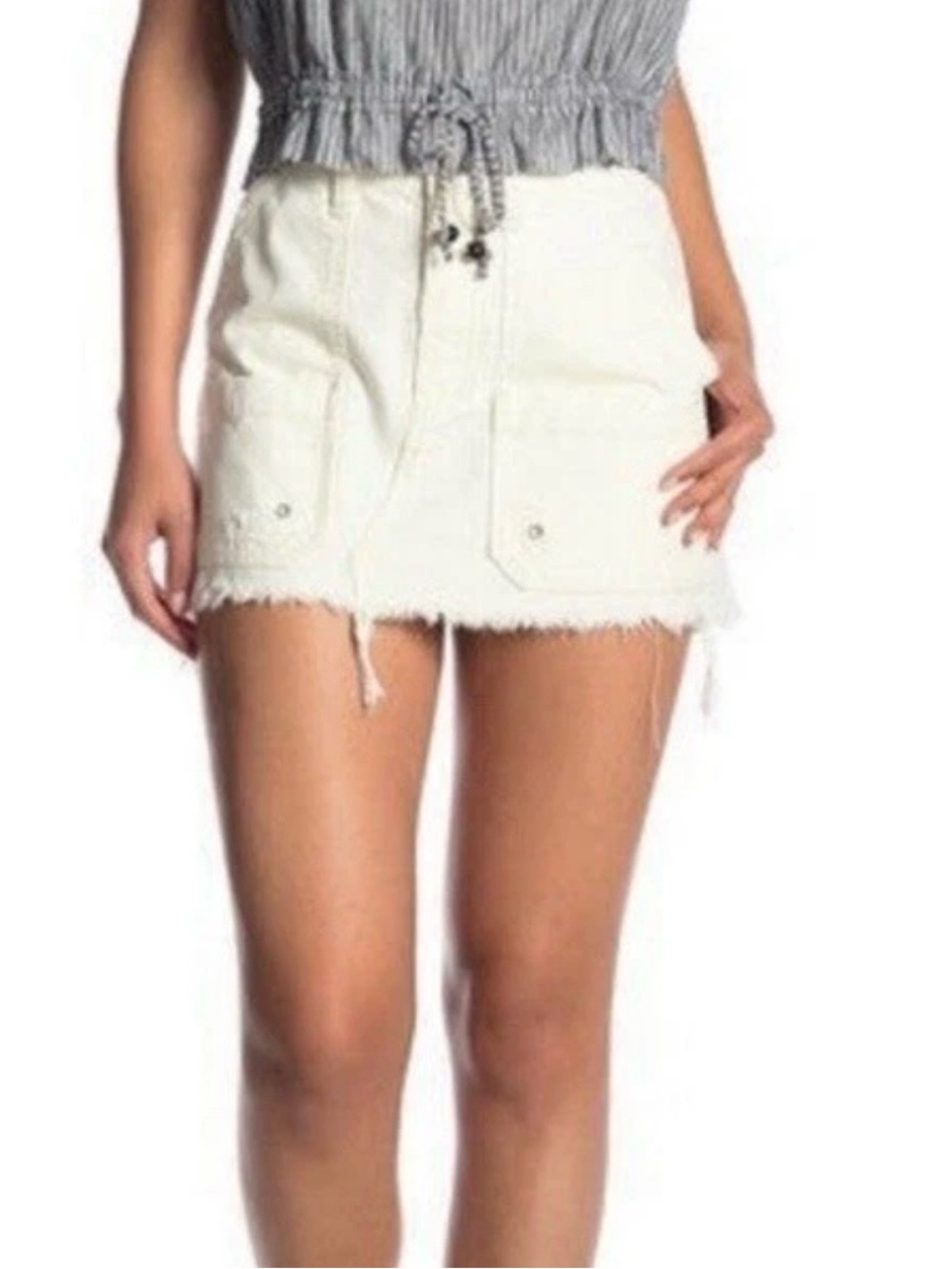 Free People White Relaxed  Utility Cargo Mini Skirt Frayed Hem Size 25